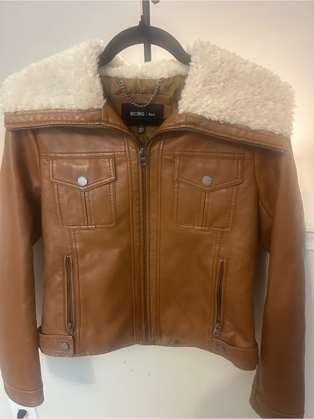 BCBG Tan Faux-Leather Moto Jacket with Cream Sherpa Collar - Picture 12 of 15